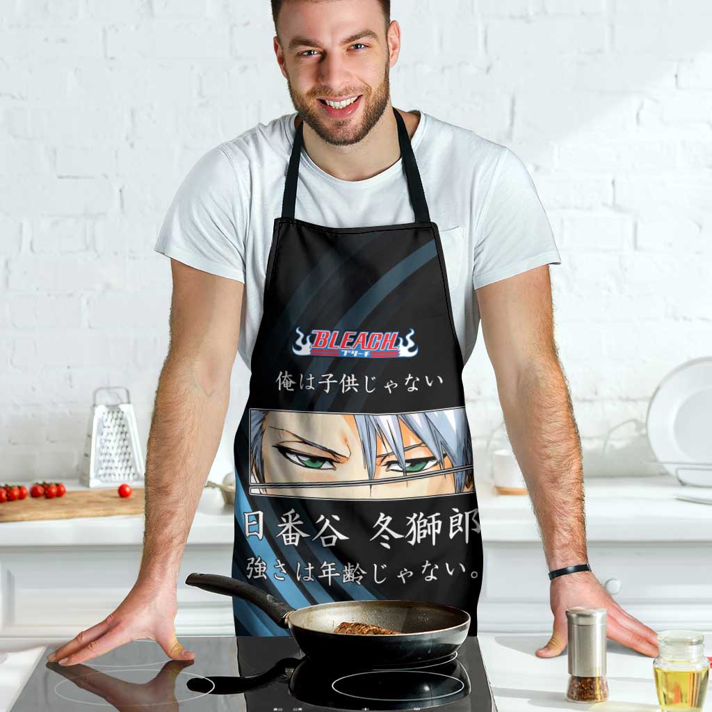 Toshiro Hitsugaya Bleach Anime Black and Blue Theme Apron with Ice Dragon Elements and Japanese Quote Design - The Mazicc