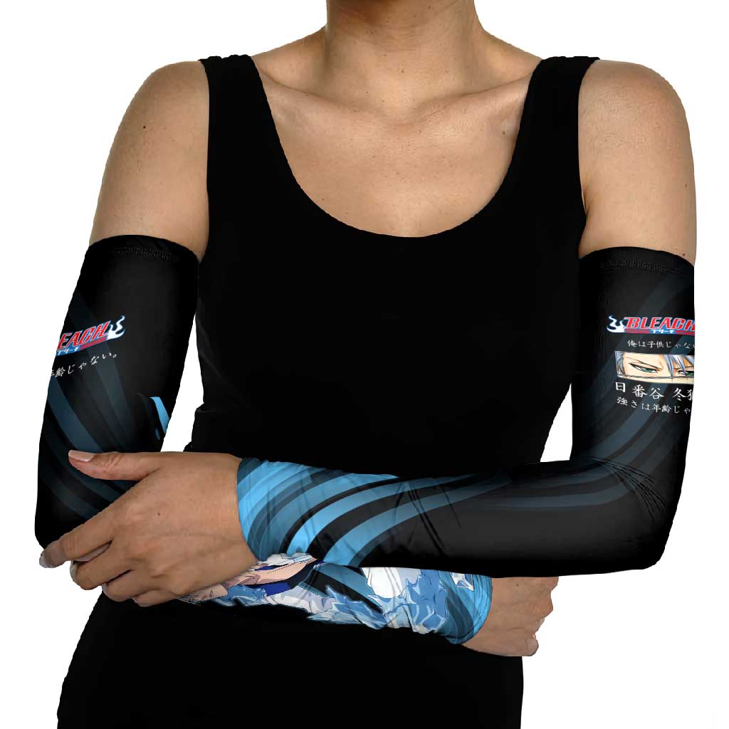 Toshiro Hitsugaya Bleach Anime Black and Blue Theme Arm Sleeves with Ice Dragon Elements and Japanese Quote Design - The Mazicc
