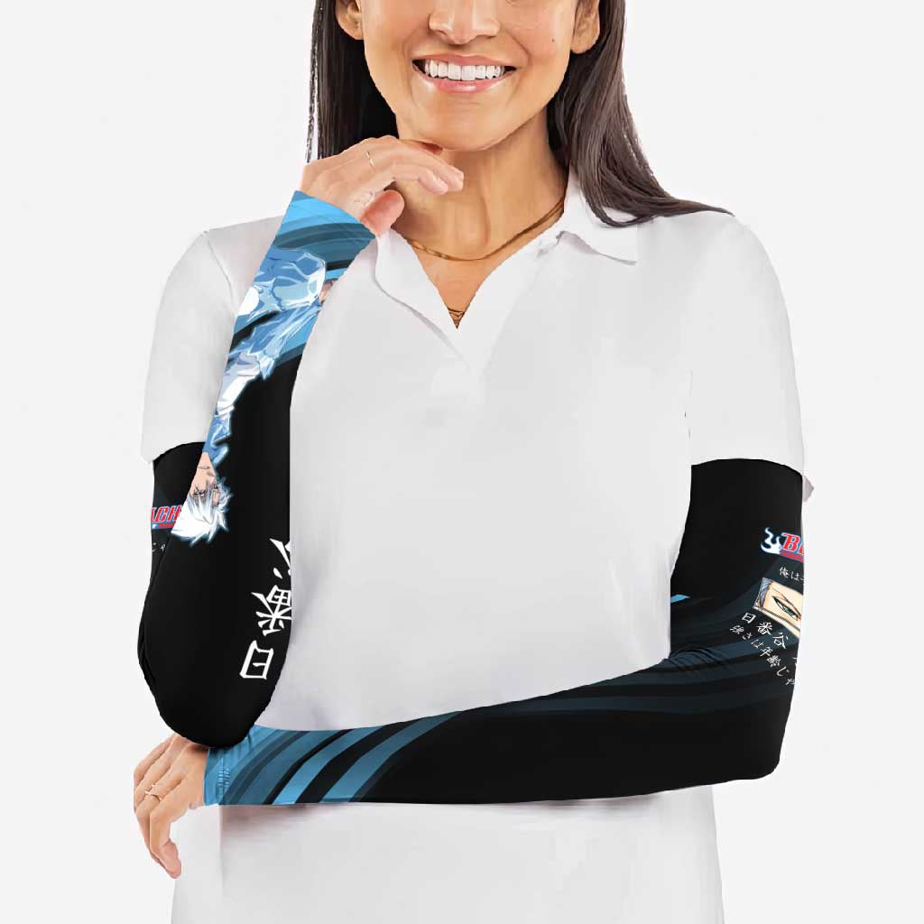 Toshiro Hitsugaya Bleach Anime Black and Blue Theme Arm Sleeves with Ice Dragon Elements and Japanese Quote Design - The Mazicc