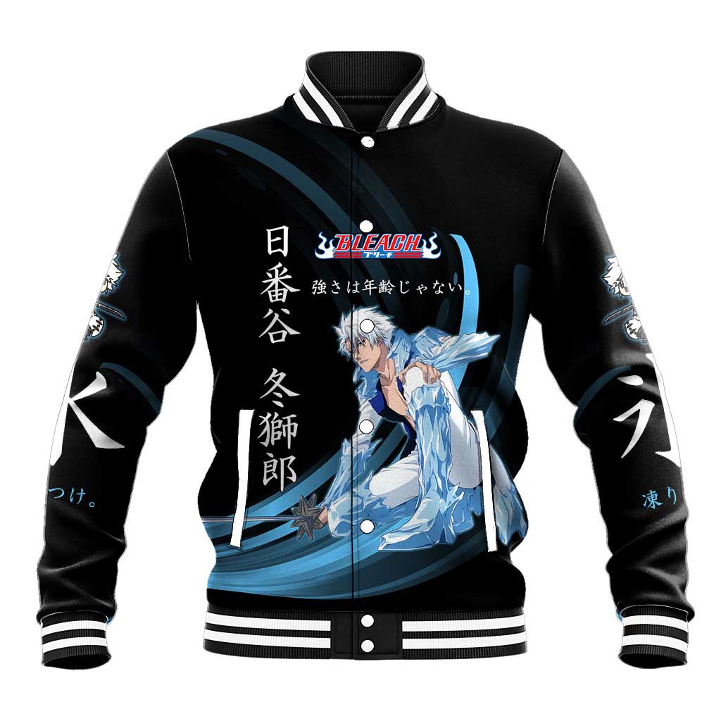 Toshiro Hitsugaya Bleach Anime Black and Blue Theme Baseball Jacket with Ice Dragon Elements and Japanese Quote Design - The Mazicc