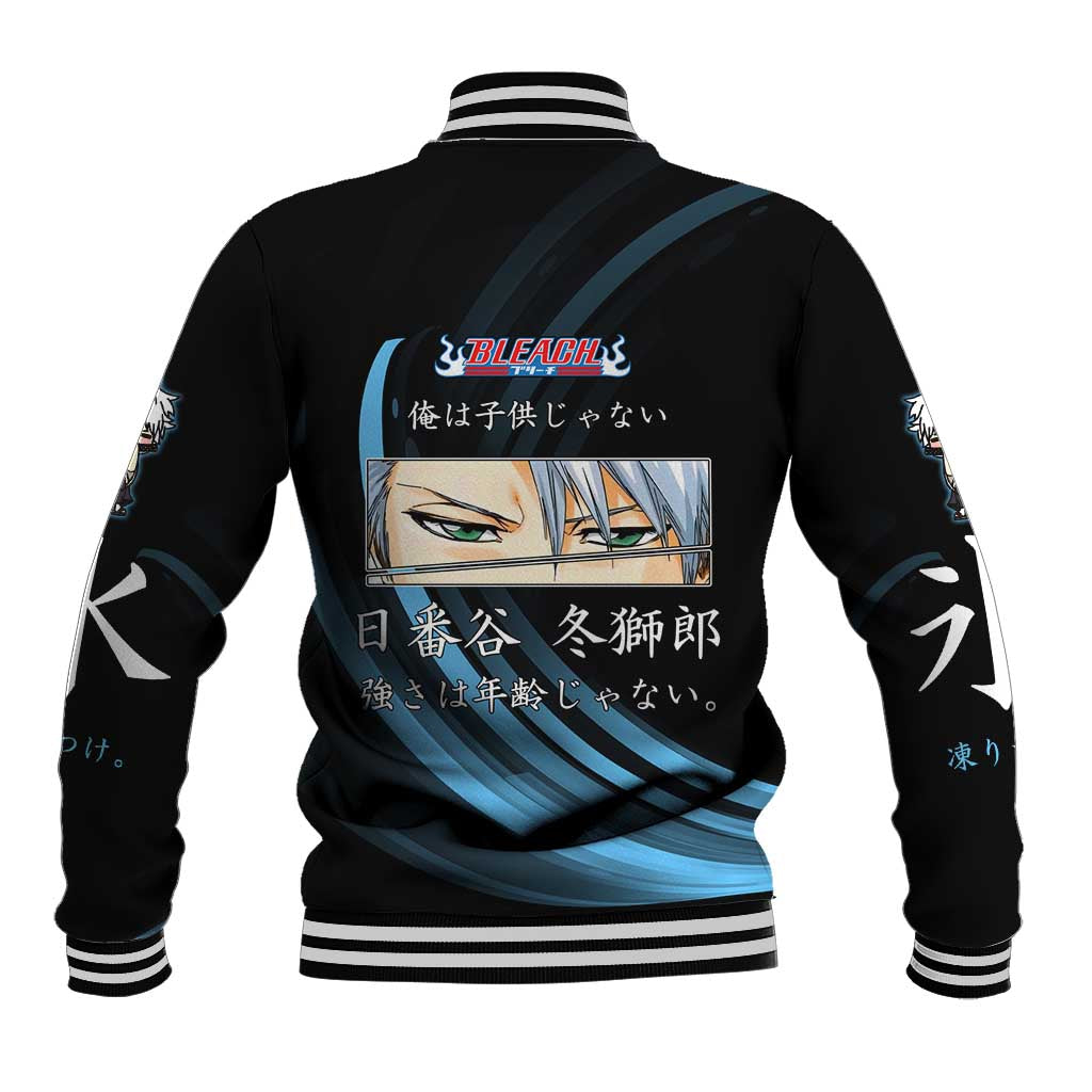 Toshiro Hitsugaya Bleach Anime Black and Blue Theme Baseball Jacket with Ice Dragon Elements and Japanese Quote Design - The Mazicc