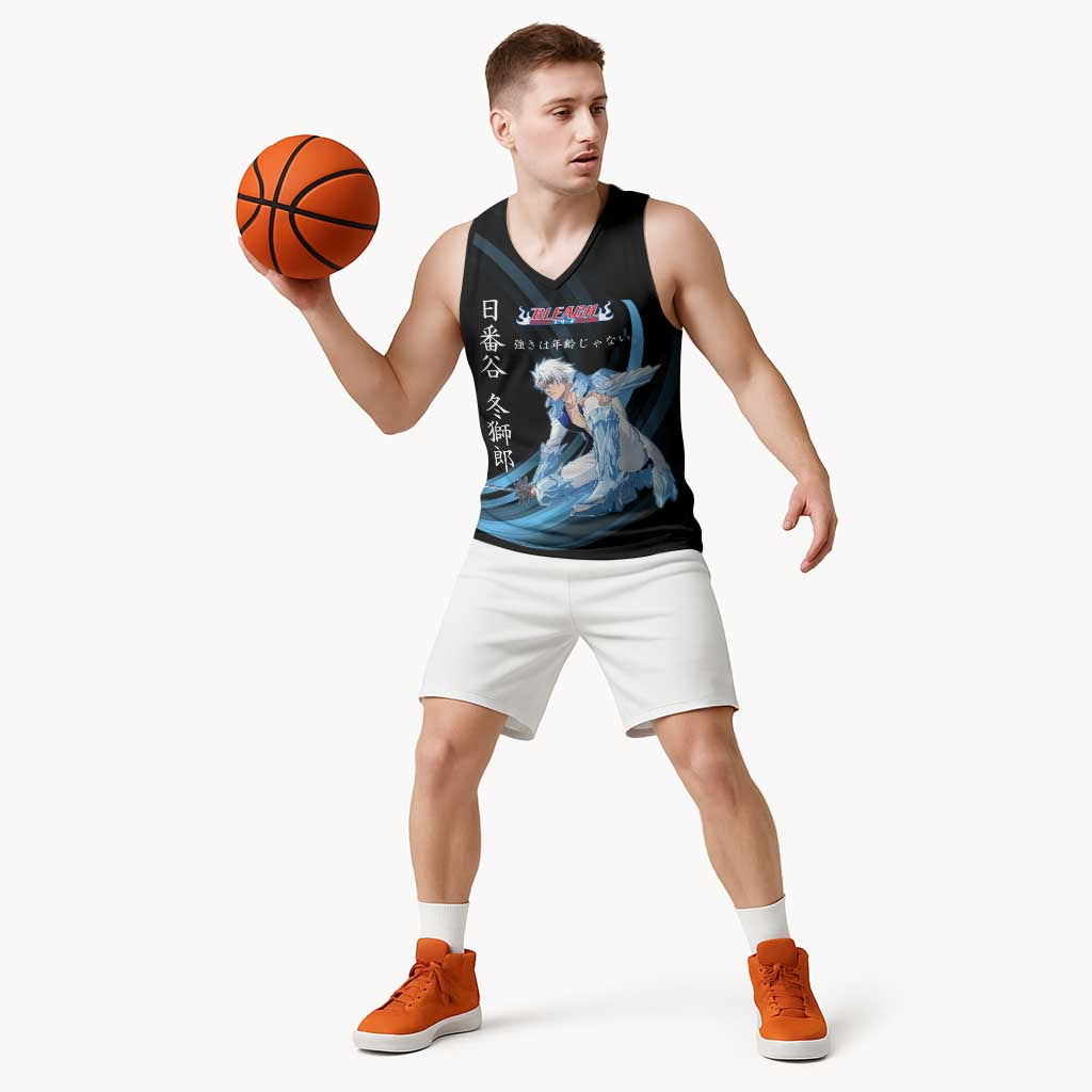Toshiro Hitsugaya Bleach Anime Black and Blue Theme Basketball Jersey with Ice Dragon Elements and Japanese Quote Design - The Mazicc