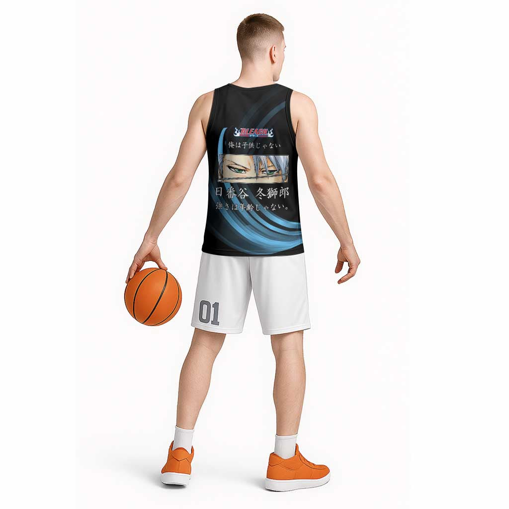 Toshiro Hitsugaya Bleach Anime Black and Blue Theme Basketball Jersey with Ice Dragon Elements and Japanese Quote Design - The Mazicc