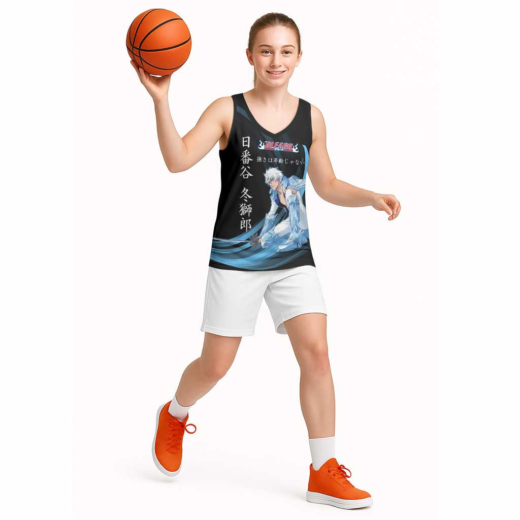 Toshiro Hitsugaya Bleach Anime Black and Blue Theme Basketball Jersey with Ice Dragon Elements and Japanese Quote Design - The Mazicc