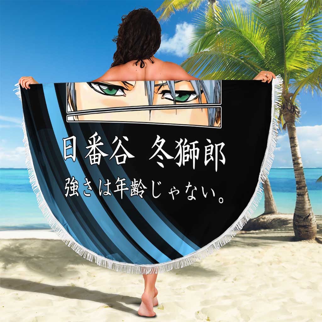 Toshiro Hitsugaya Bleach Anime Black and Blue Theme Beach Blanket with Ice Dragon Elements and Japanese Quote Design - The Mazicc
