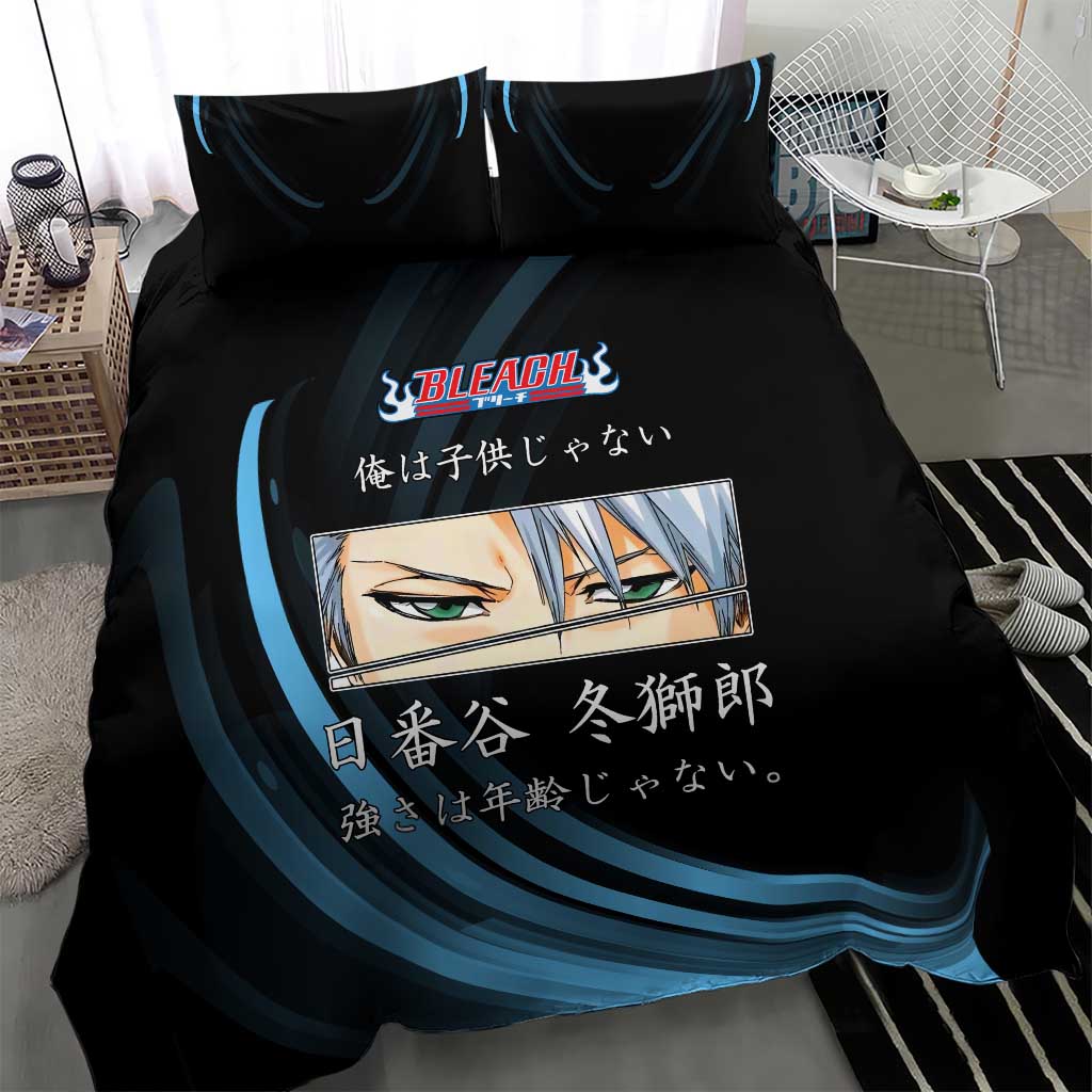 Toshiro Hitsugaya Bleach Anime Black and Blue Theme Bedding Set with Ice Dragon Elements and Japanese Quote Design - The Mazicc