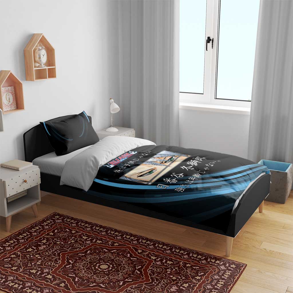 Toshiro Hitsugaya Bleach Anime Black and Blue Theme Bedding Set with Ice Dragon Elements and Japanese Quote Design - The Mazicc
