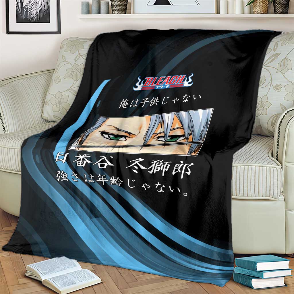 Toshiro Hitsugaya Bleach Anime Black and Blue Theme Blanket with Ice Dragon Elements and Japanese Quote Design - The Mazicc