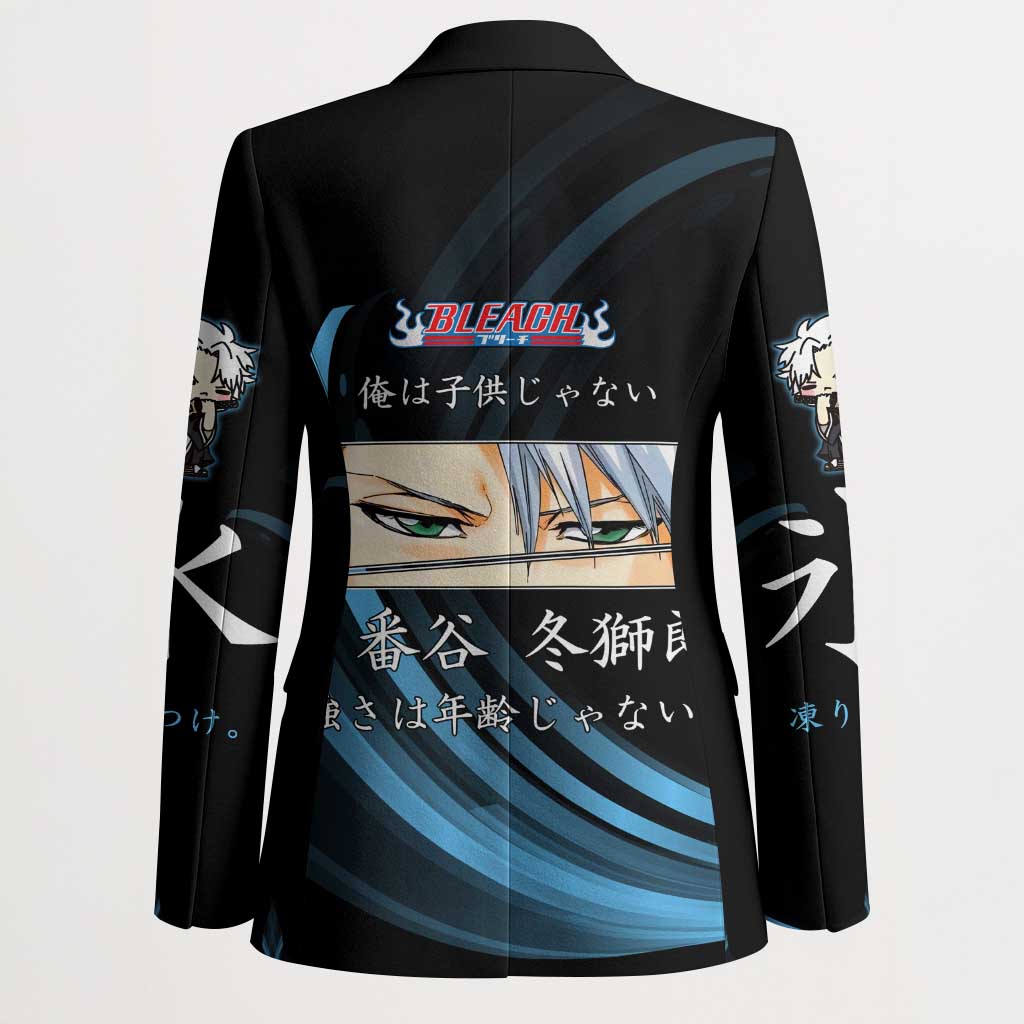 Toshiro Hitsugaya Bleach Anime Black and Blue Theme Blazer with Ice Dragon Elements and Japanese Quote Design - The Mazicc