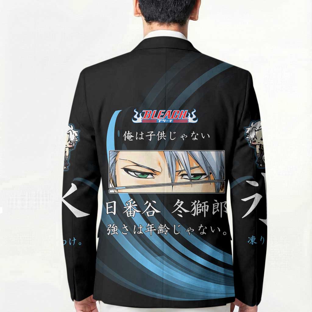 Toshiro Hitsugaya Bleach Anime Black and Blue Theme Blazer with Ice Dragon Elements and Japanese Quote Design - The Mazicc