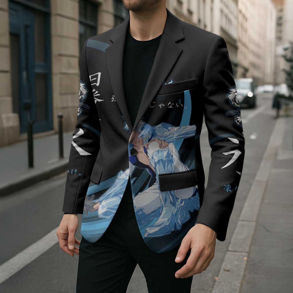 Toshiro Hitsugaya Bleach Anime Black and Blue Theme Blazer with Ice Dragon Elements and Japanese Quote Design - The Mazicc