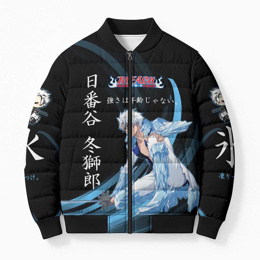 Toshiro Hitsugaya Bleach Anime Black and Blue Theme Bomber Puffer Jacket with Ice Dragon Elements and Japanese Quote Design - The Mazicc