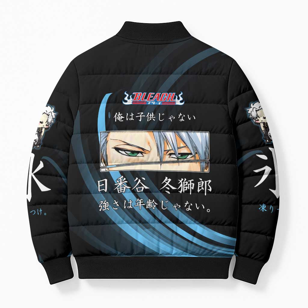 Toshiro Hitsugaya Bleach Anime Black and Blue Theme Bomber Puffer Jacket with Ice Dragon Elements and Japanese Quote Design - The Mazicc