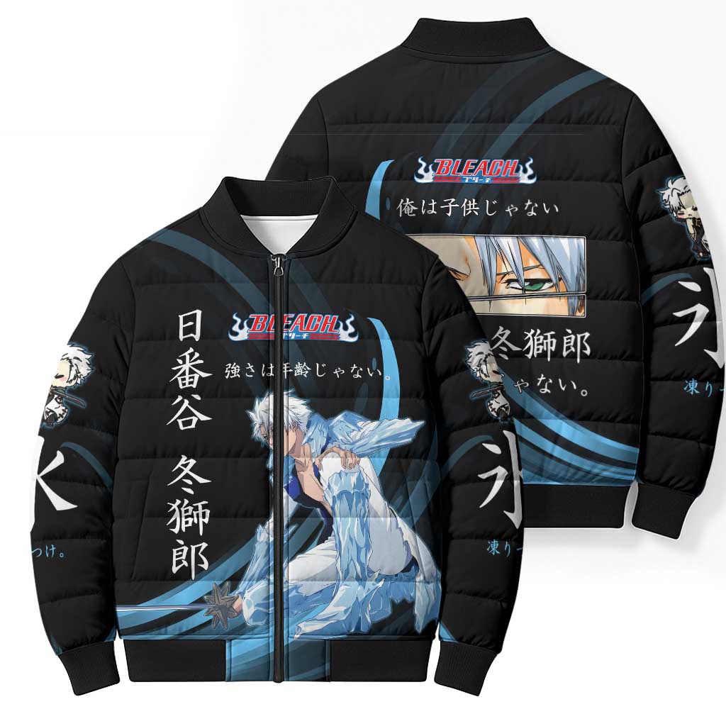 Toshiro Hitsugaya Bleach Anime Black and Blue Theme Bomber Puffer Jacket with Ice Dragon Elements and Japanese Quote Design - The Mazicc