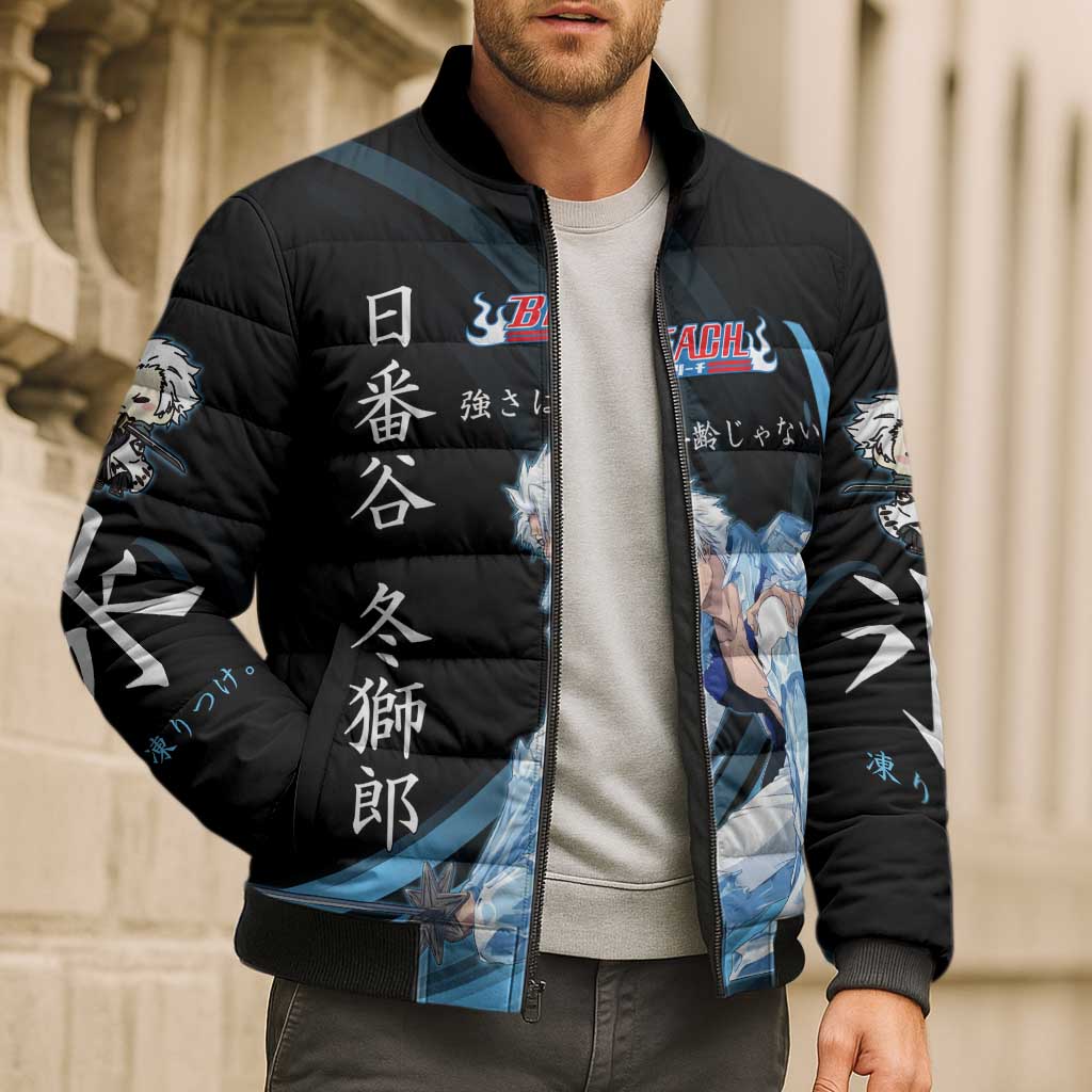 Toshiro Hitsugaya Bleach Anime Black and Blue Theme Bomber Puffer Jacket with Ice Dragon Elements and Japanese Quote Design - The Mazicc