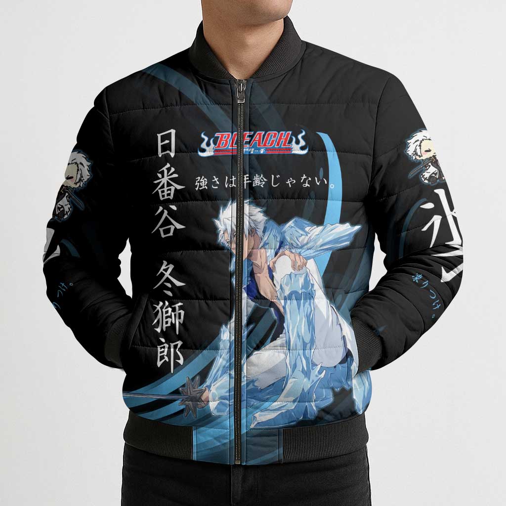 Toshiro Hitsugaya Bleach Anime Black and Blue Theme Bomber Puffer Jacket with Ice Dragon Elements and Japanese Quote Design - The Mazicc