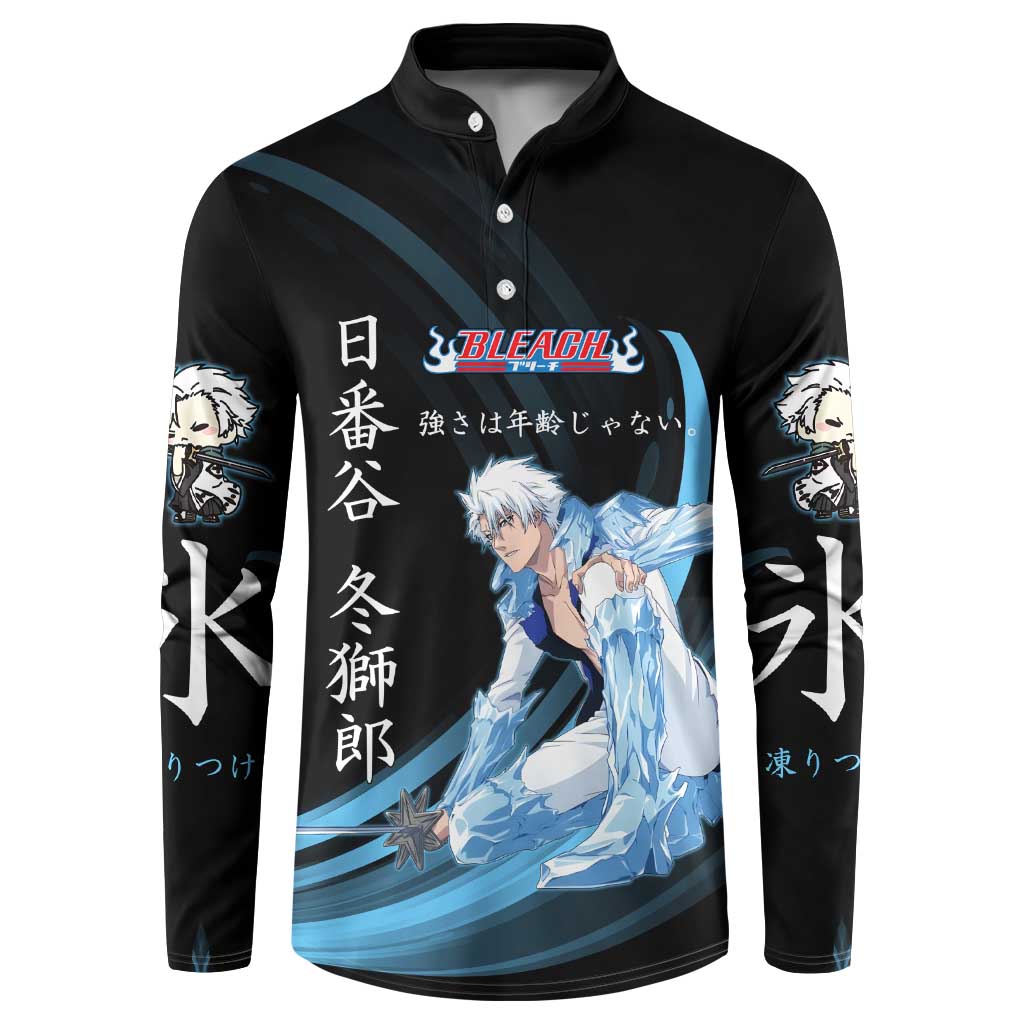 Toshiro Hitsugaya Bleach Anime Black and Blue Theme Button Sweatshirt with Ice Dragon Elements and Japanese Quote Design - The Mazicc