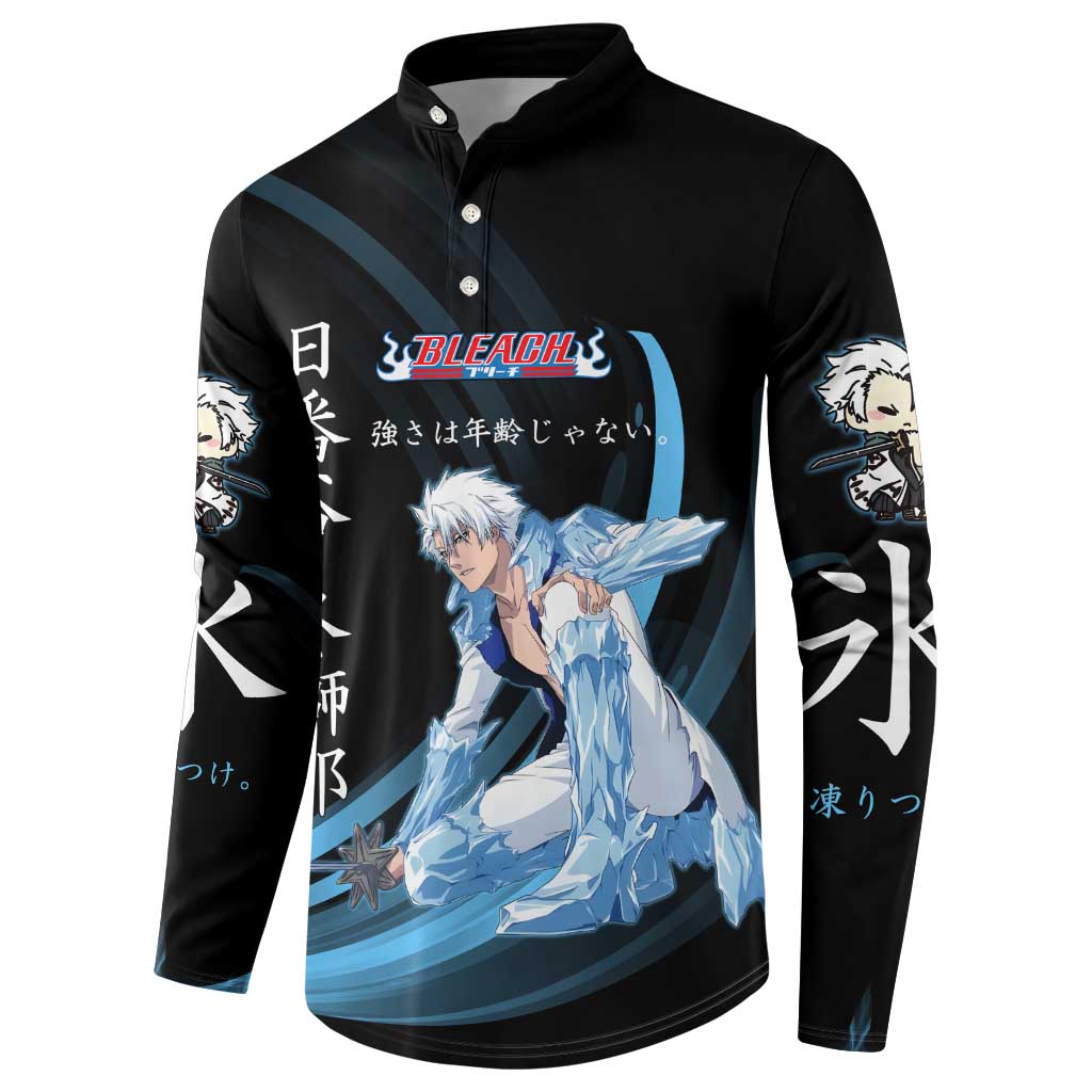 Toshiro Hitsugaya Bleach Anime Black and Blue Theme Button Sweatshirt with Ice Dragon Elements and Japanese Quote Design - The Mazicc