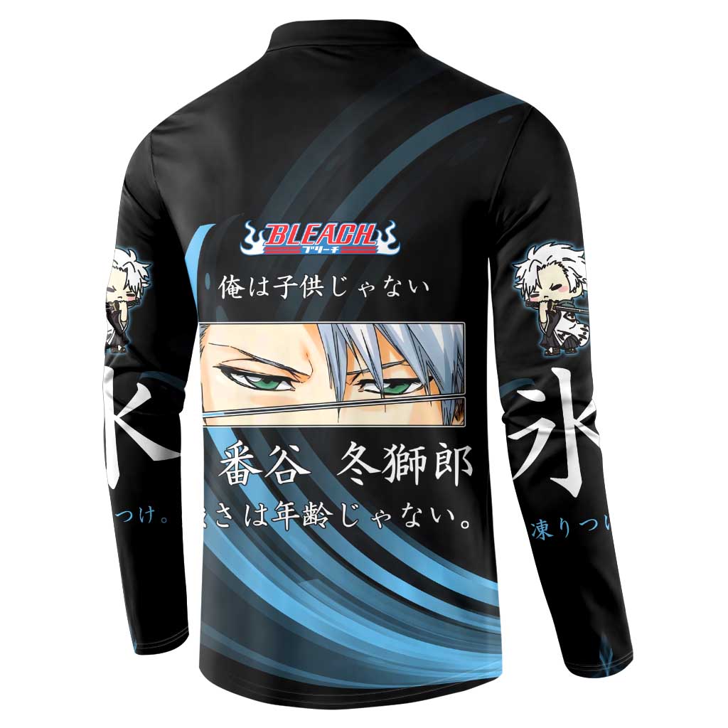 Toshiro Hitsugaya Bleach Anime Black and Blue Theme Button Sweatshirt with Ice Dragon Elements and Japanese Quote Design - The Mazicc
