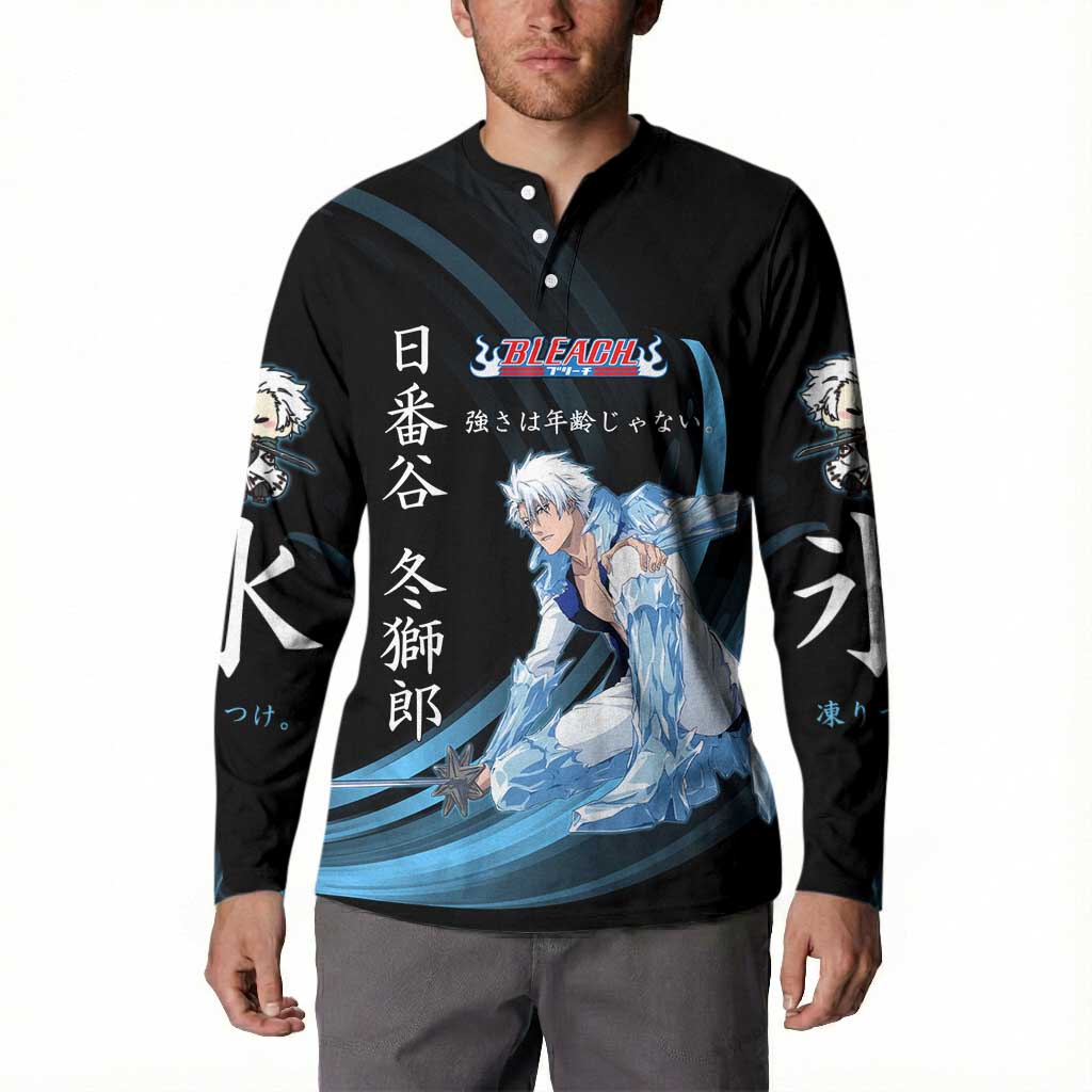 Toshiro Hitsugaya Bleach Anime Black and Blue Theme Button Sweatshirt with Ice Dragon Elements and Japanese Quote Design - The Mazicc