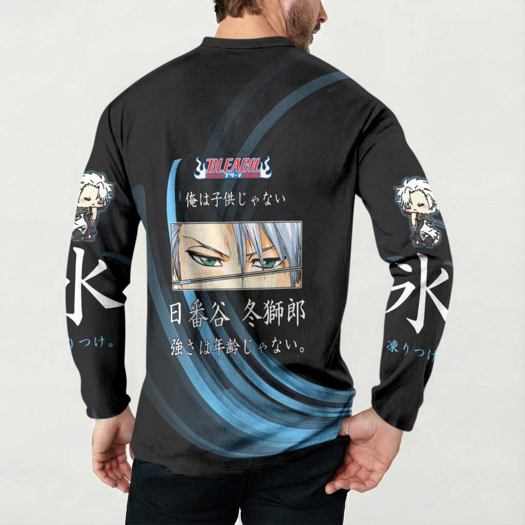 Toshiro Hitsugaya Bleach Anime Black and Blue Theme Button Sweatshirt with Ice Dragon Elements and Japanese Quote Design - The Mazicc