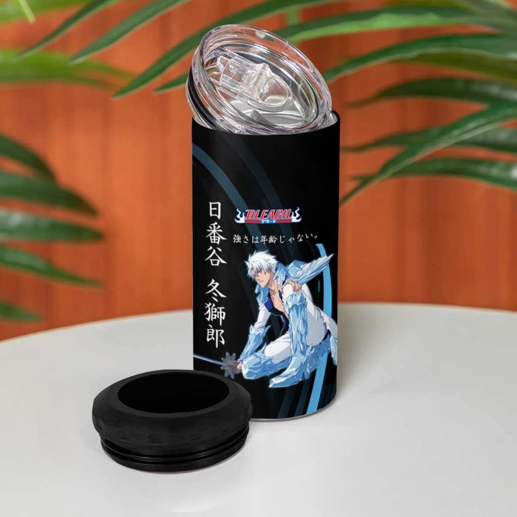 Toshiro Hitsugaya Bleach Anime Black and Blue Theme 4 in 1 Can Cooler Tumbler with Ice Dragon Elements and Japanese Quote Design - The Mazicc
