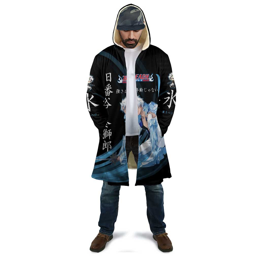 Toshiro Hitsugaya Bleach Anime Black and Blue Theme Cloak with Ice Dragon Elements and Japanese Quote Design - The Mazicc
