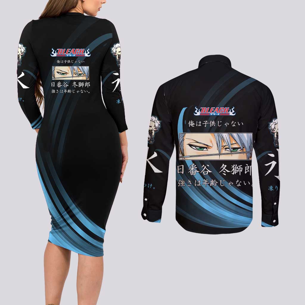 Toshiro Hitsugaya Bleach Anime Black and Blue Theme Couples Matching Long Sleeve Bodycon Dress and Long Sleeve Button Shirt with Ice Dragon Elements and Japanese Quote Design - The Mazicc