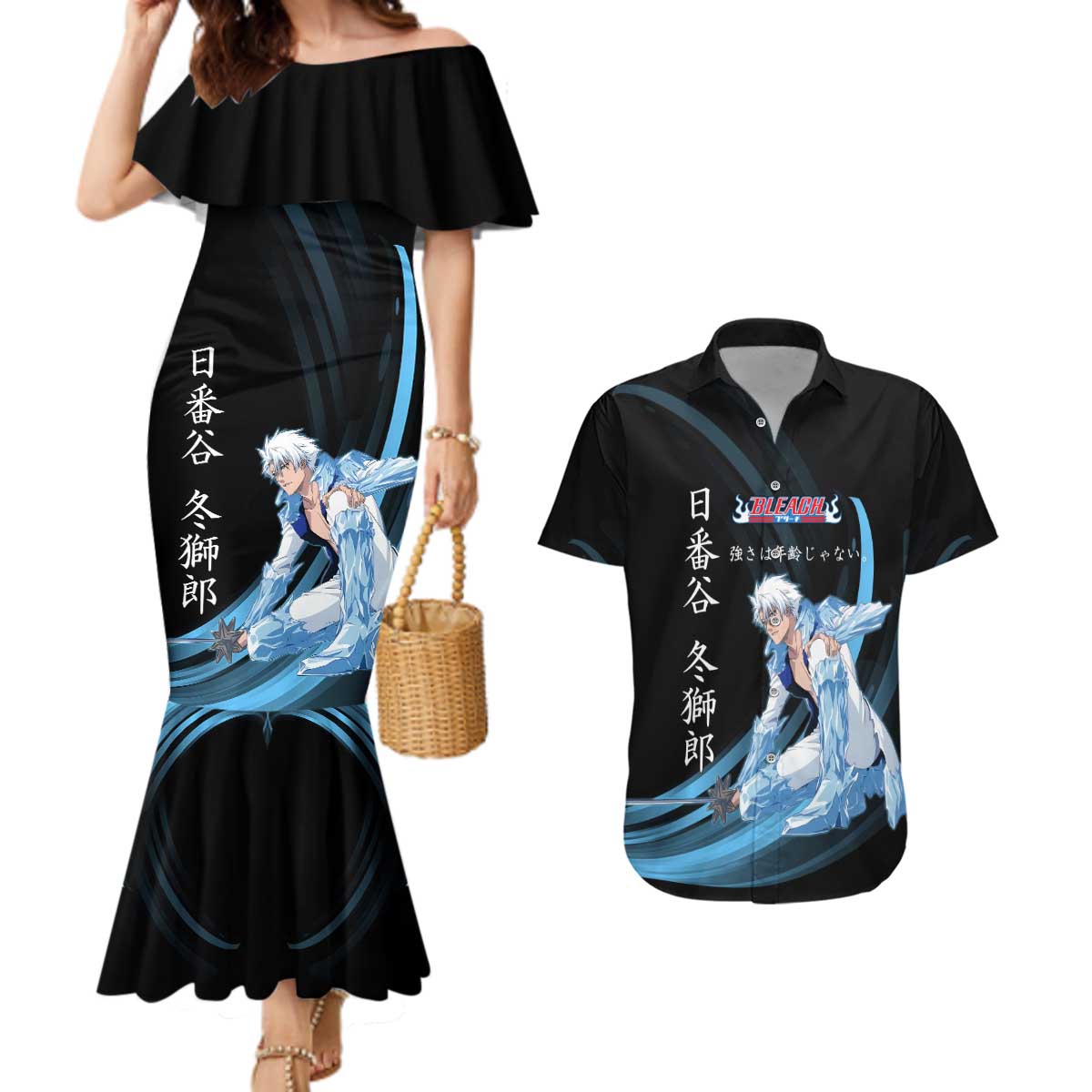 Toshiro Hitsugaya Bleach Anime Black and Blue Theme Couples Matching Mermaid Dress and Hawaiian Shirt with Ice Dragon Elements and Japanese Quote Design - The Mazicc