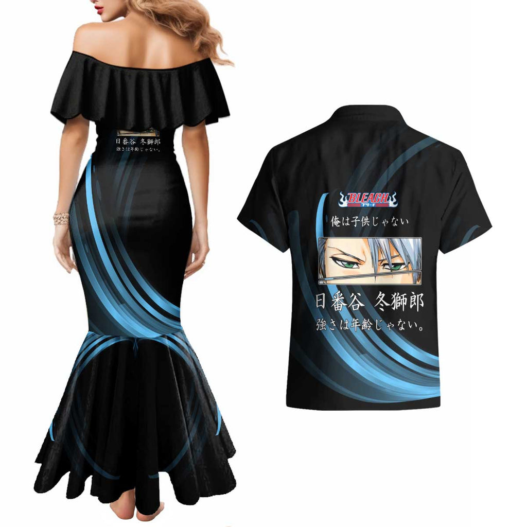 Toshiro Hitsugaya Bleach Anime Black and Blue Theme Couples Matching Mermaid Dress and Hawaiian Shirt with Ice Dragon Elements and Japanese Quote Design - The Mazicc