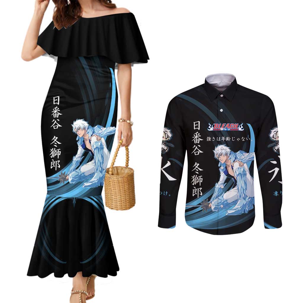 Toshiro Hitsugaya Bleach Anime Black and Blue Theme Couples Matching Mermaid Dress and Long Sleeve Button Shirt with Ice Dragon Elements and Japanese Quote Design - The Mazicc