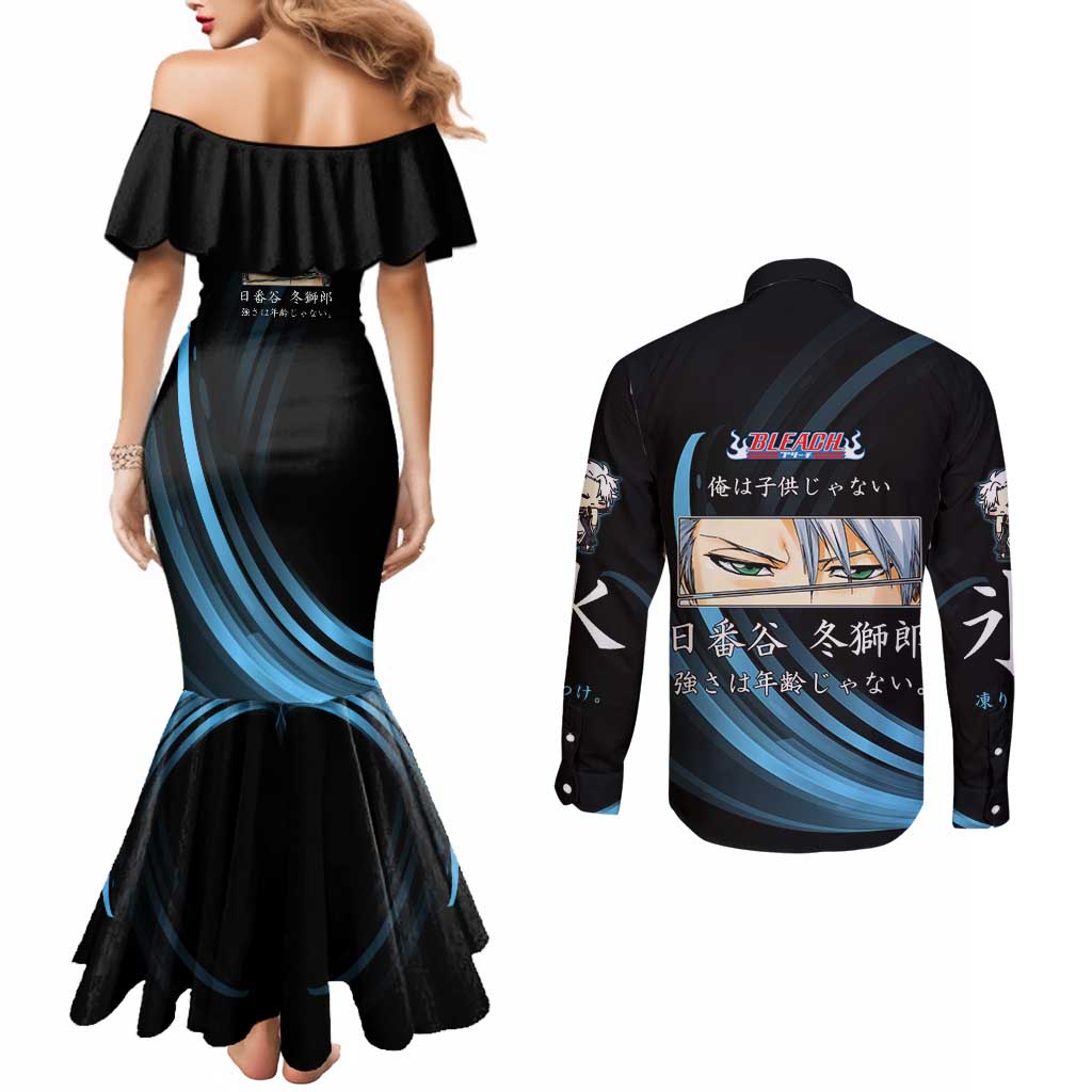 Toshiro Hitsugaya Bleach Anime Black and Blue Theme Couples Matching Mermaid Dress and Long Sleeve Button Shirt with Ice Dragon Elements and Japanese Quote Design - The Mazicc