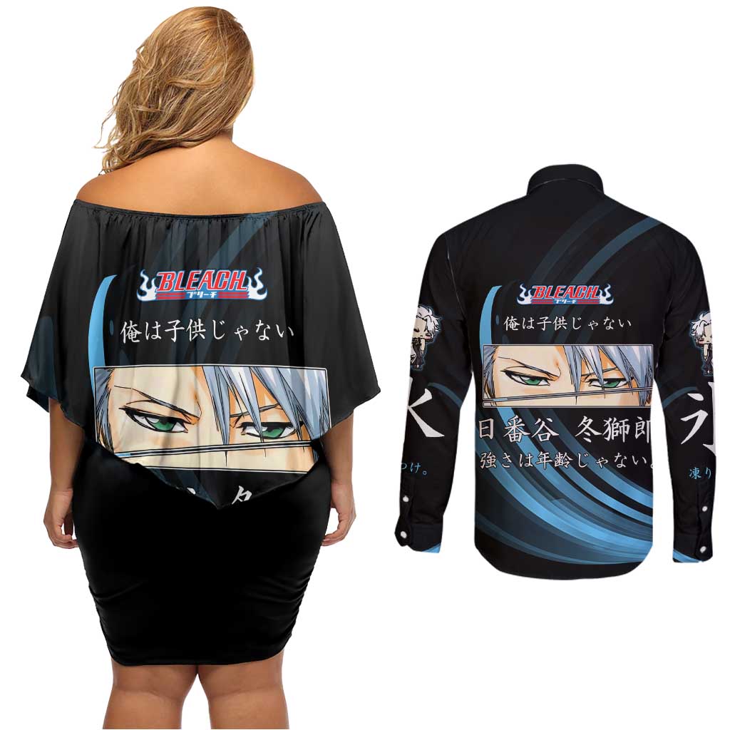 Toshiro Hitsugaya Bleach Anime Black and Blue Theme Couples Matching Off Shoulder Short Dress and Long Sleeve Button Shirt with Ice Dragon Elements and Japanese Quote Design - The Mazicc