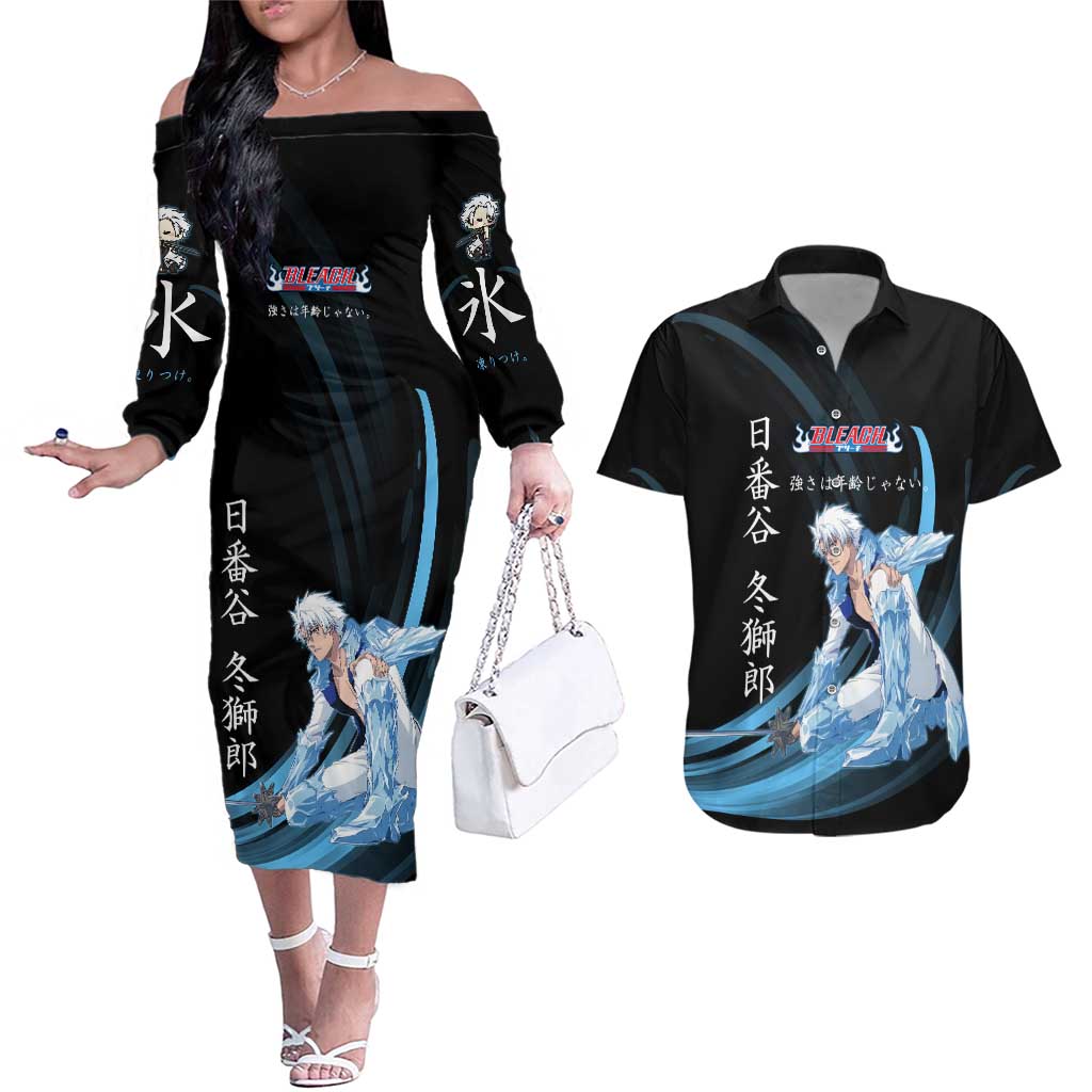 Toshiro Hitsugaya Bleach Anime Black and Blue Theme Couples Matching Off The Shoulder Long Sleeve Dress and Hawaiian Shirt with Ice Dragon Elements and Japanese Quote Design - The Mazicc