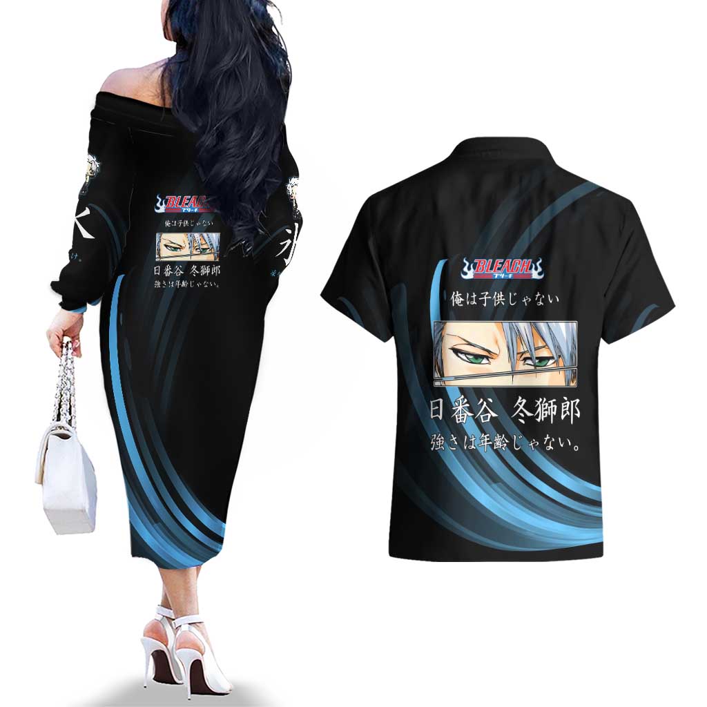 Toshiro Hitsugaya Bleach Anime Black and Blue Theme Couples Matching Off The Shoulder Long Sleeve Dress and Hawaiian Shirt with Ice Dragon Elements and Japanese Quote Design - The Mazicc
