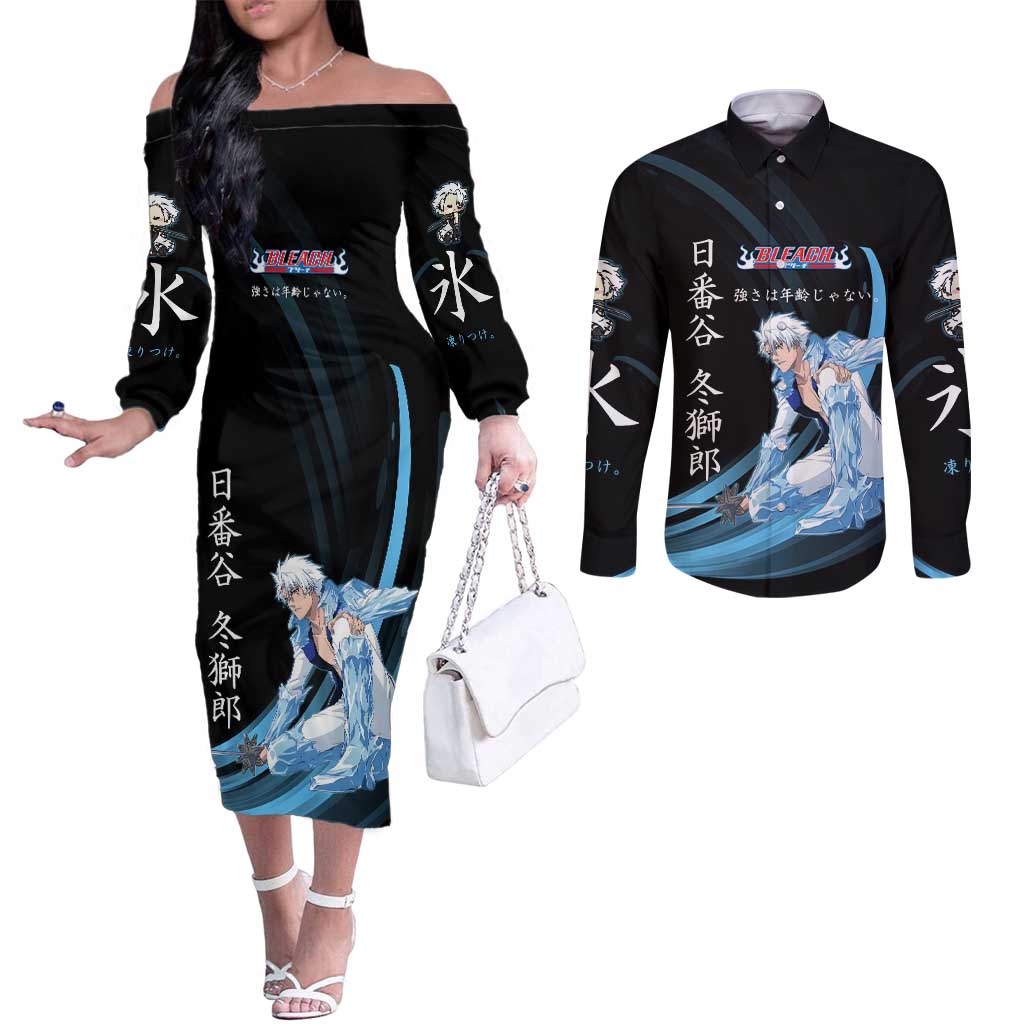 Toshiro Hitsugaya Bleach Anime Black and Blue Theme Couples Matching Off The Shoulder Long Sleeve Dress and Long Sleeve Button Shirt with Ice Dragon Elements and Japanese Quote Design - The Mazicc