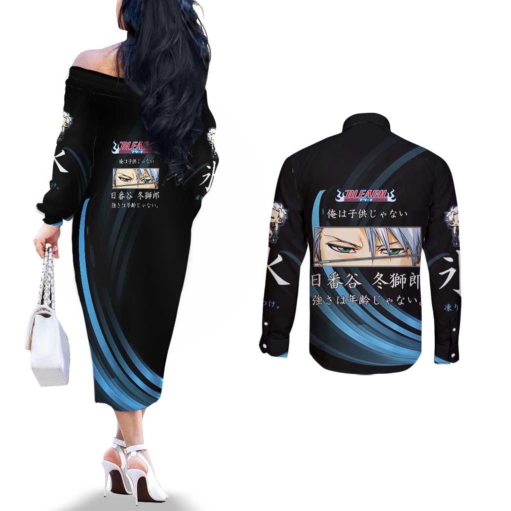 Toshiro Hitsugaya Bleach Anime Black and Blue Theme Couples Matching Off The Shoulder Long Sleeve Dress and Long Sleeve Button Shirt with Ice Dragon Elements and Japanese Quote Design - The Mazicc