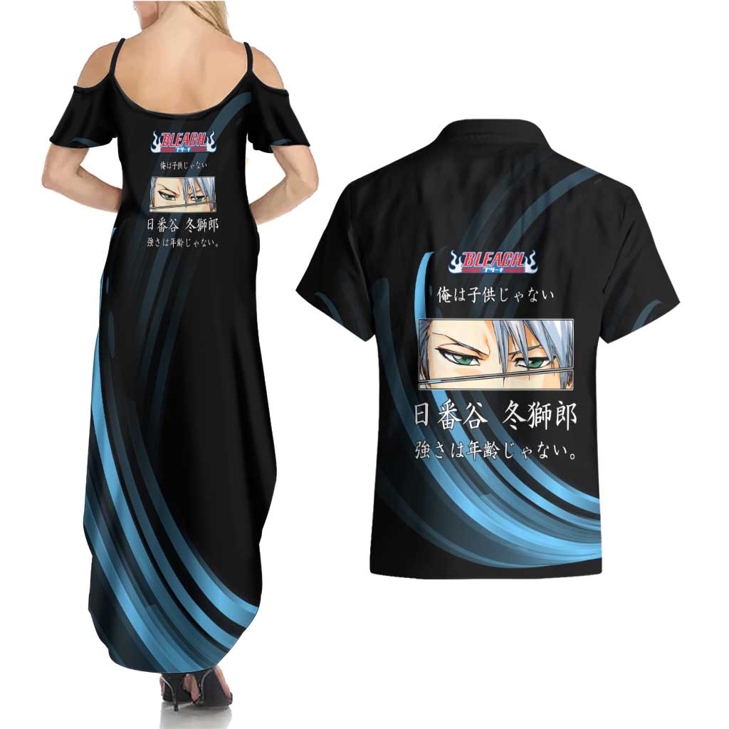 Toshiro Hitsugaya Bleach Anime Black and Blue Theme Couples Matching Summer Maxi Dress and Hawaiian Shirt with Ice Dragon Elements and Japanese Quote Design - The Mazicc