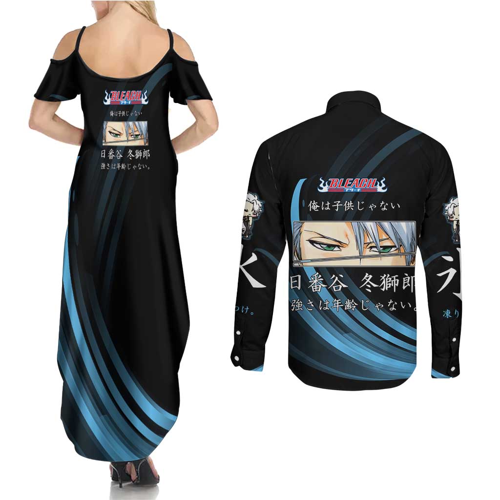 Toshiro Hitsugaya Bleach Anime Black and Blue Theme Couples Matching Summer Maxi Dress and Long Sleeve Button Shirt with Ice Dragon Elements and Japanese Quote Design - The Mazicc