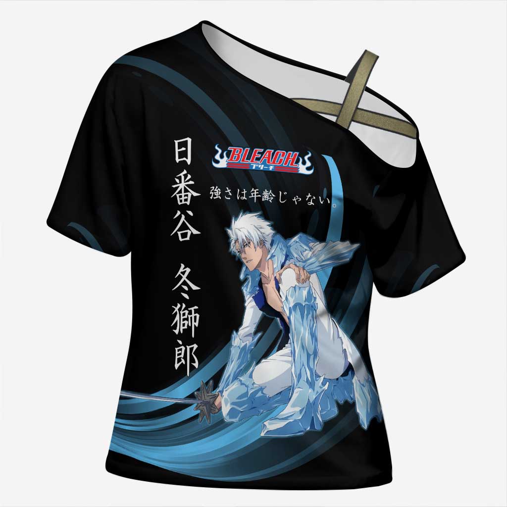 Toshiro Hitsugaya Bleach Anime Black and Blue Theme Cross Shoulder Shirt with Ice Dragon Elements and Japanese Quote Design - The Mazicc