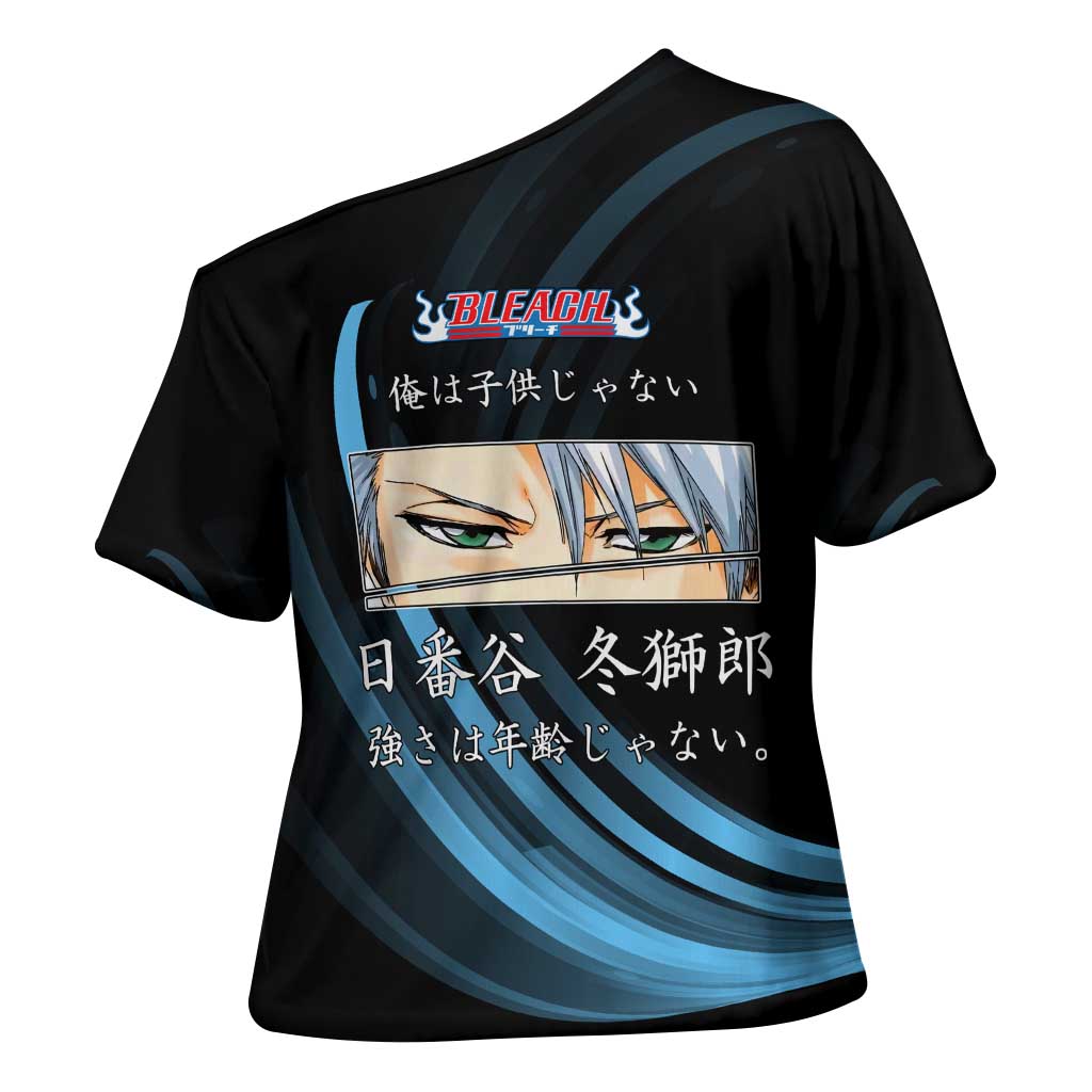 Toshiro Hitsugaya Bleach Anime Black and Blue Theme Cross Shoulder Shirt with Ice Dragon Elements and Japanese Quote Design - The Mazicc