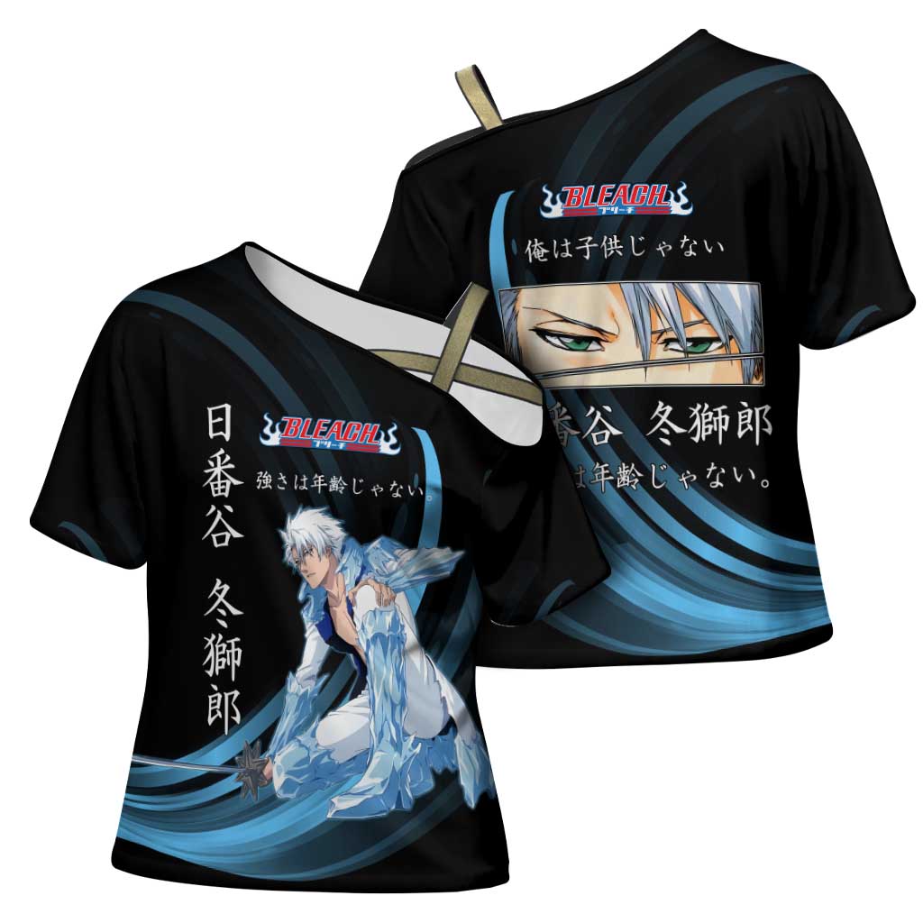 Toshiro Hitsugaya Bleach Anime Black and Blue Theme Cross Shoulder Shirt with Ice Dragon Elements and Japanese Quote Design - The Mazicc