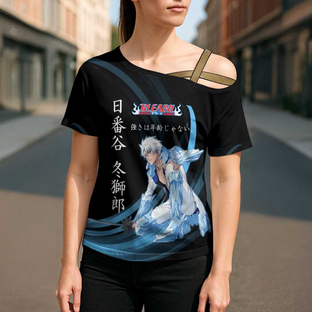 Toshiro Hitsugaya Bleach Anime Black and Blue Theme Cross Shoulder Shirt with Ice Dragon Elements and Japanese Quote Design - The Mazicc