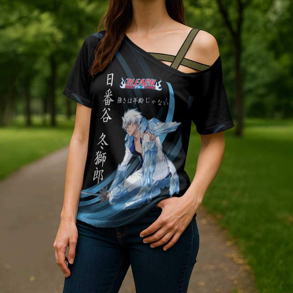 Toshiro Hitsugaya Bleach Anime Black and Blue Theme Cross Shoulder Shirt with Ice Dragon Elements and Japanese Quote Design - The Mazicc