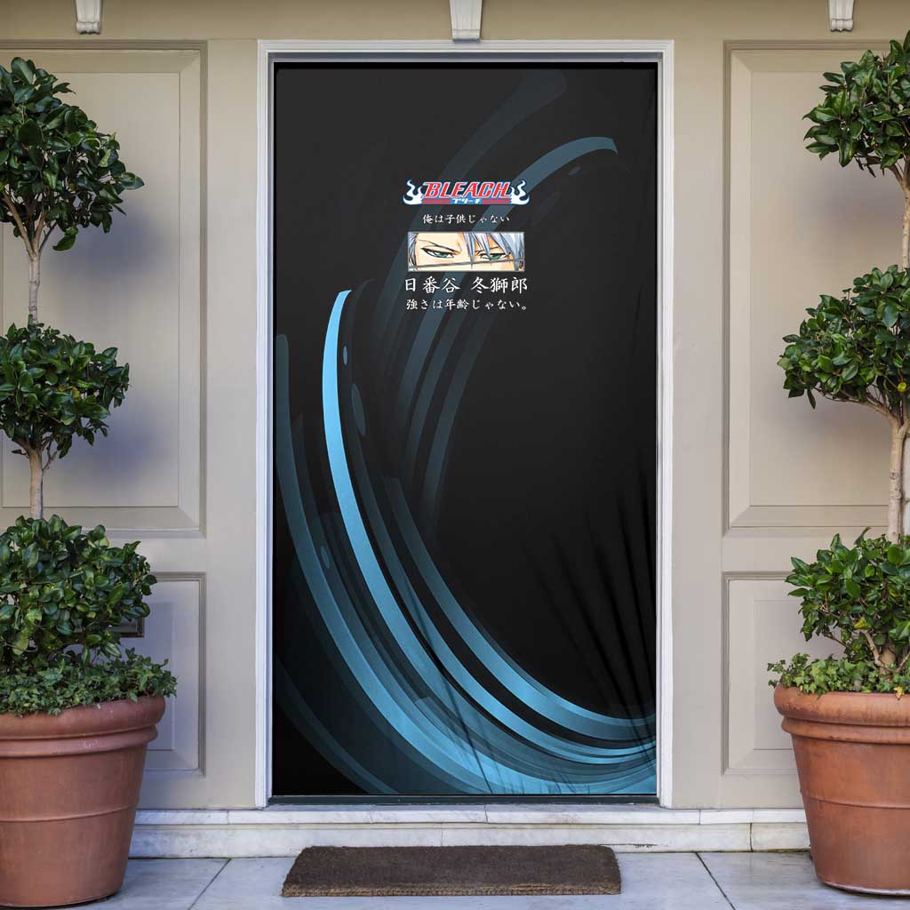 Toshiro Hitsugaya Bleach Anime Black and Blue Theme Door Cover with Ice Dragon Elements and Japanese Quote Design - The Mazicc