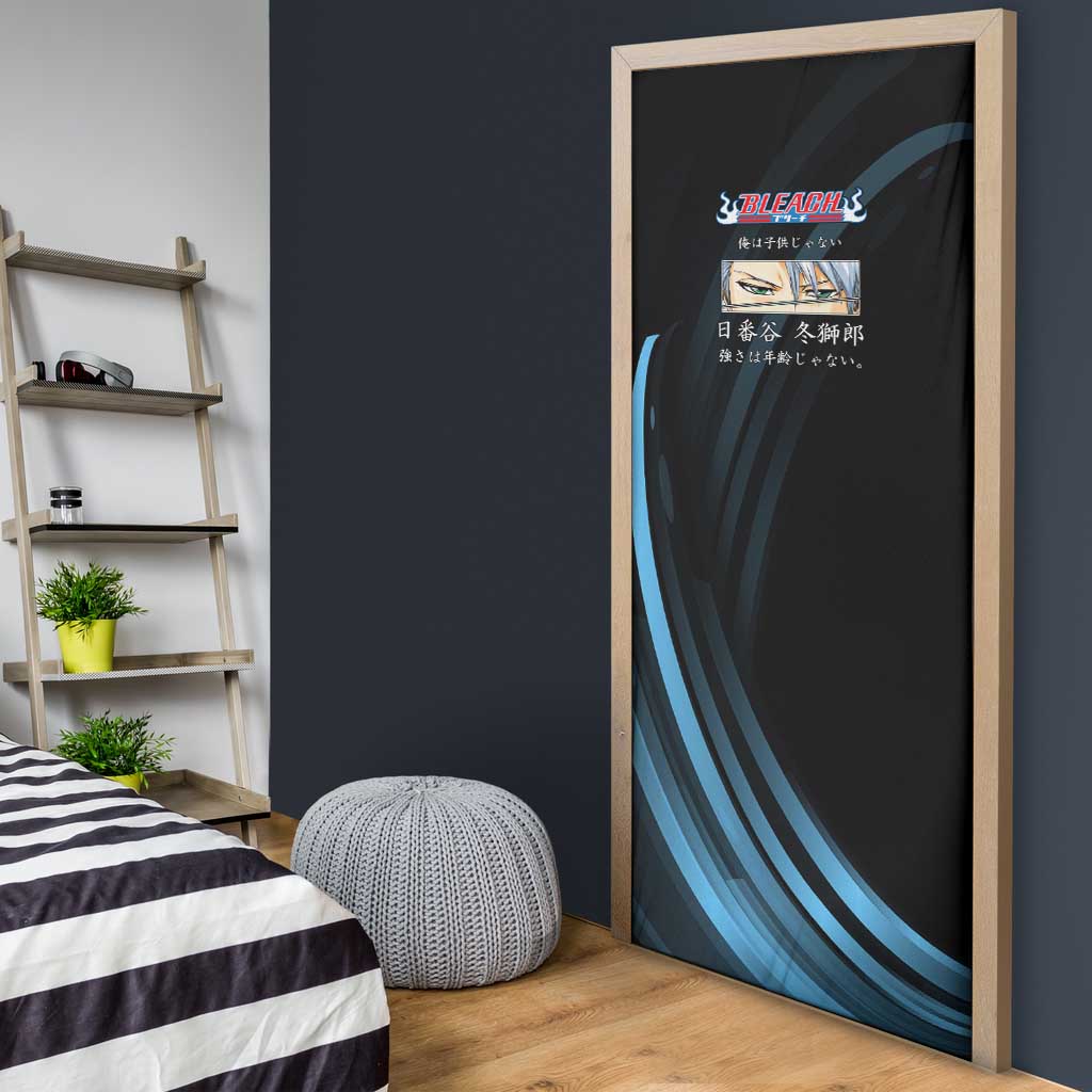 Toshiro Hitsugaya Bleach Anime Black and Blue Theme Door Cover with Ice Dragon Elements and Japanese Quote Design - The Mazicc