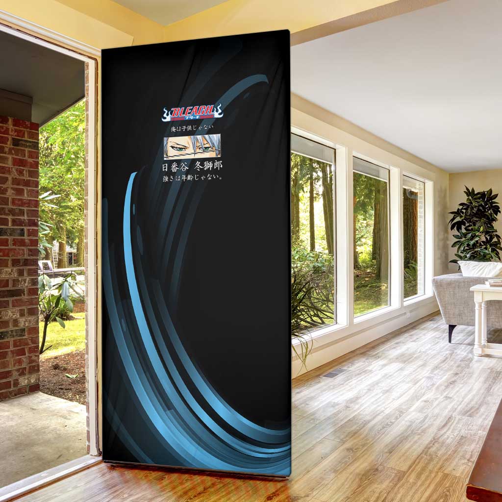 Toshiro Hitsugaya Bleach Anime Black and Blue Theme Door Cover with Ice Dragon Elements and Japanese Quote Design - The Mazicc