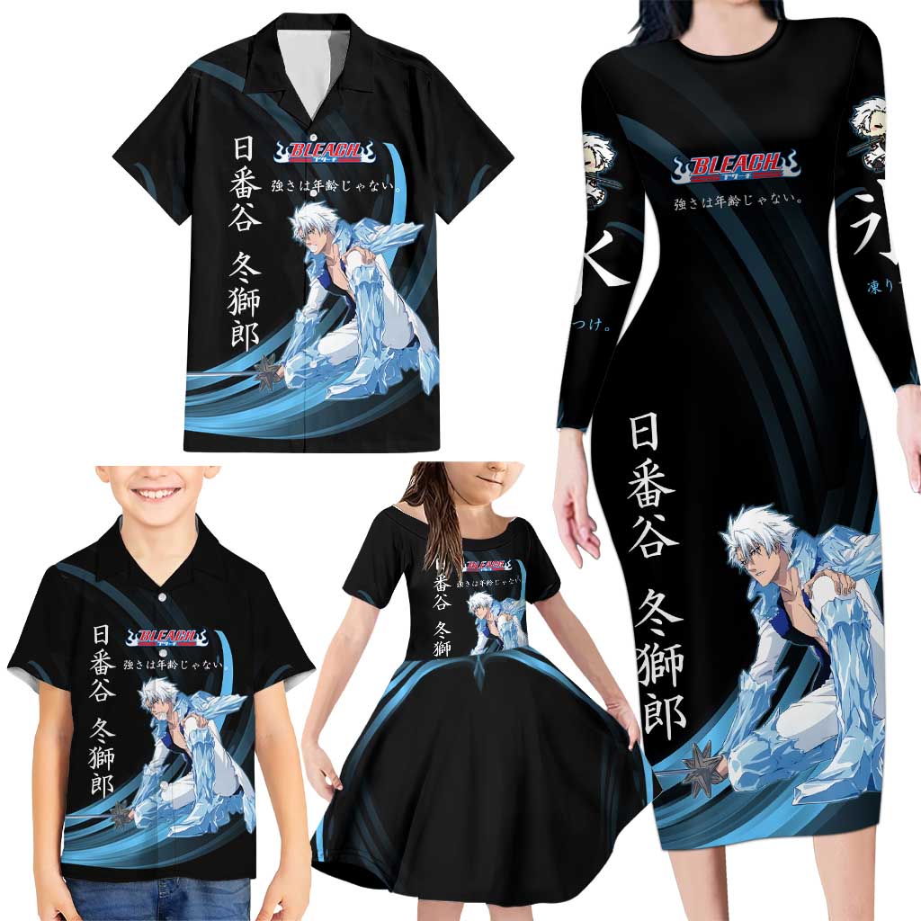 Toshiro Hitsugaya Bleach Anime Black and Blue Theme Family Matching Long Sleeve Bodycon Dress and Hawaiian Shirt with Ice Dragon Elements and Japanese Quote Design