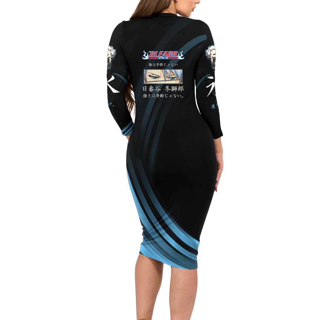 Toshiro Hitsugaya Bleach Anime Black and Blue Theme Family Matching Long Sleeve Bodycon Dress and Hawaiian Shirt with Ice Dragon Elements and Japanese Quote Design
