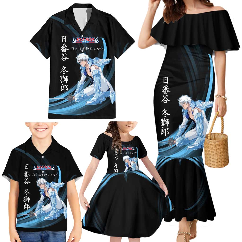 Toshiro Hitsugaya Bleach Anime Black and Blue Theme Family Matching Mermaid Dress and Hawaiian Shirt with Ice Dragon Elements and Japanese Quote Design